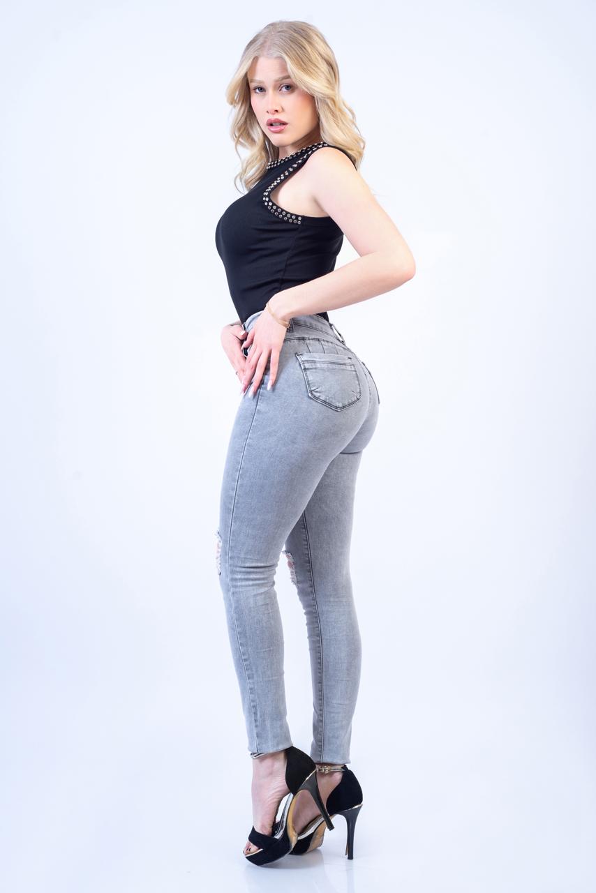 Skinny Gris Clarito Tiro Alto Push Up 🤍