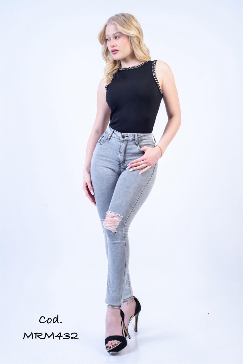 Skinny Gris Clarito Tiro Alto Push Up 🤍