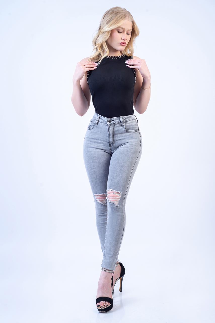 Skinny Gris Clarito Tiro Alto Push Up 🤍