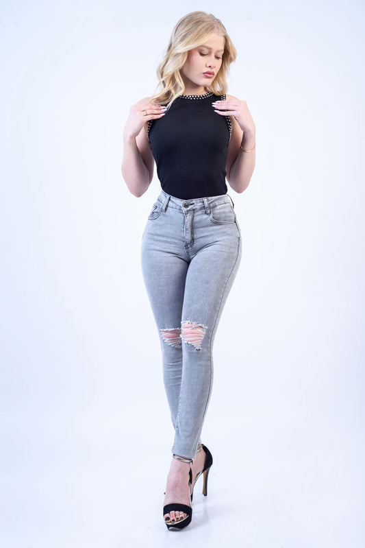 Skinny Gris Clarito Tiro Alto Push Up 🤍