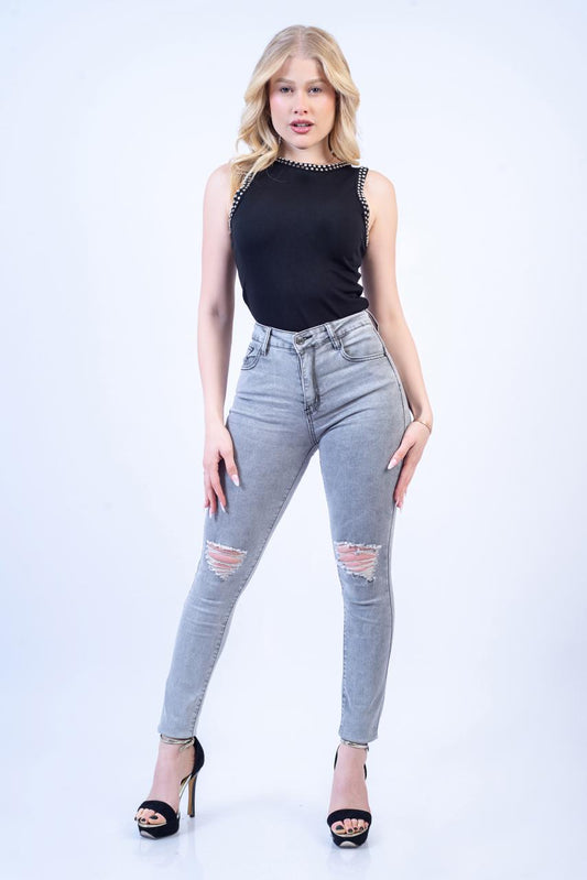 Skinny Gris Clarito Tiro Alto Push Up 🤍